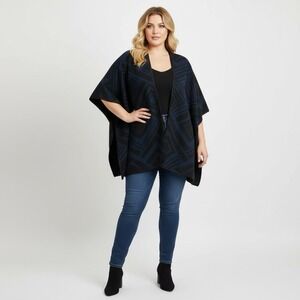 Original Nicole Miller Women Geometric Knit Poncho Wrap Black Navy Blue One Size